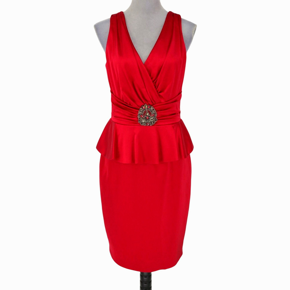 David Meister Dress Womens 10 Red Satin Ruched Waist Brooch Zip Lined Formal New